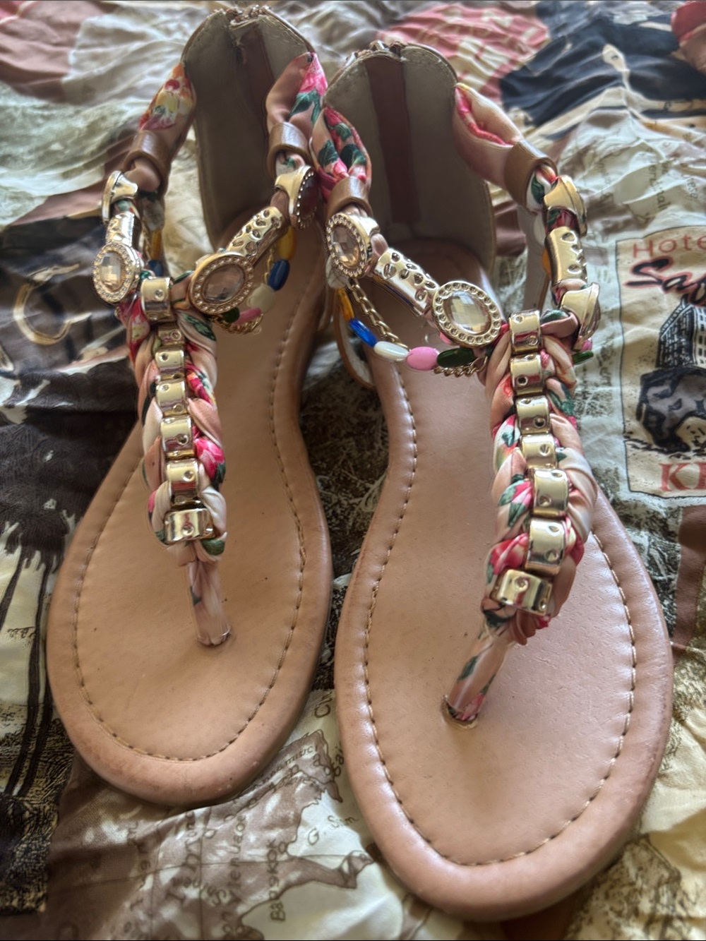 Venus Women’s Pink Braided T-Strap Sandals with Decorative Gems